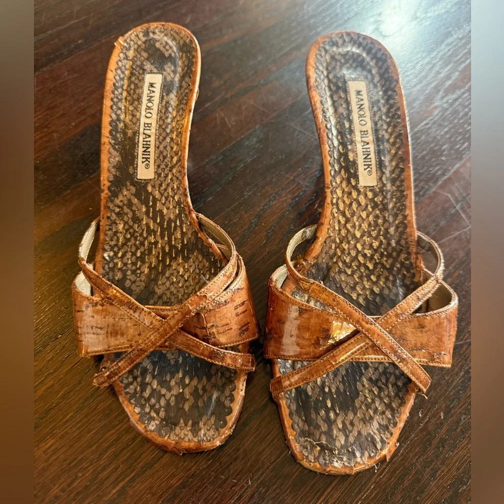 Manolo Blahnik Tan Snakeskin Kitten Heel Sandal - Picture 1 of 4
